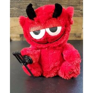 Vintage DEMON PLUSH Red DEVIL 10" Black Horns Stuffed Animal Plays Music